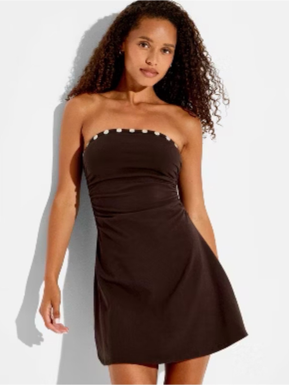 wild fable Strapless Brown Dress with Contrast Dot Trim